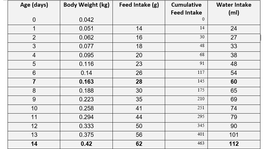 Broiler weight and feed chart