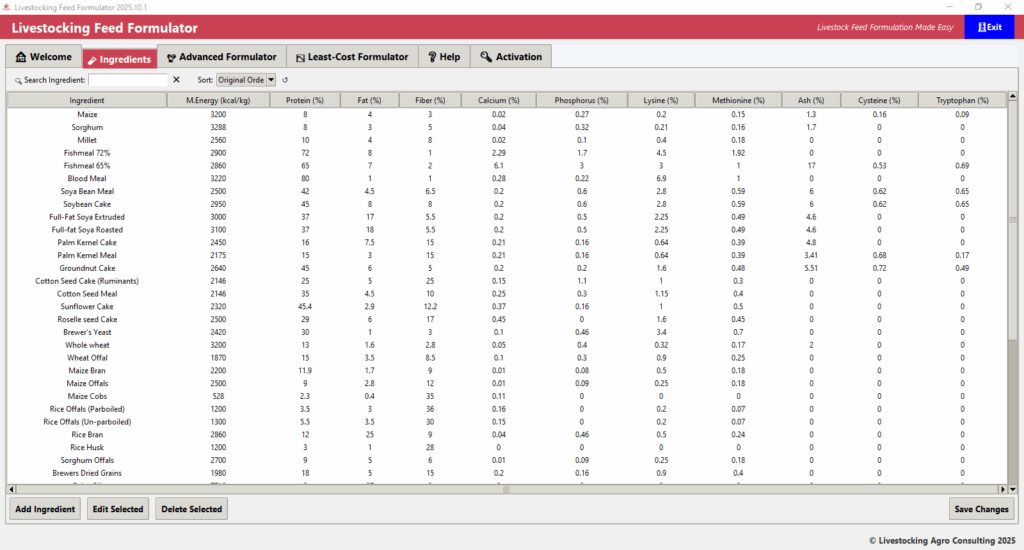 Livestocking Feed Fomulator Ingredient Management
