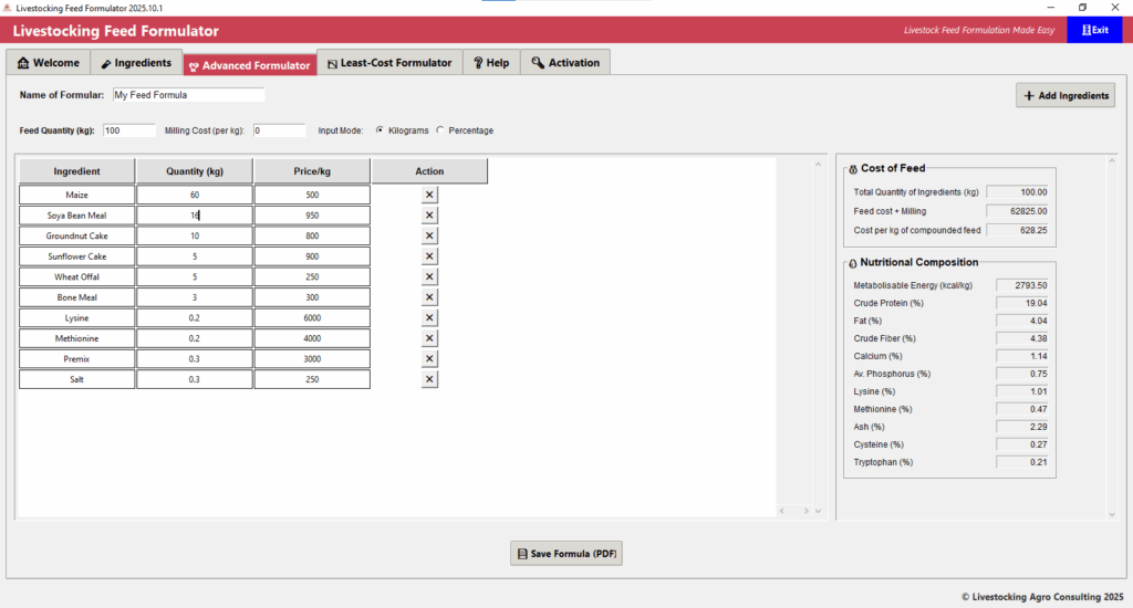 Livestocking Feed Fomulator Advanced  Formulator