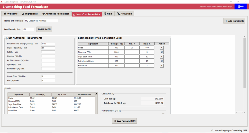 Livestocking Feed Fomulator Least-Cost Formulator