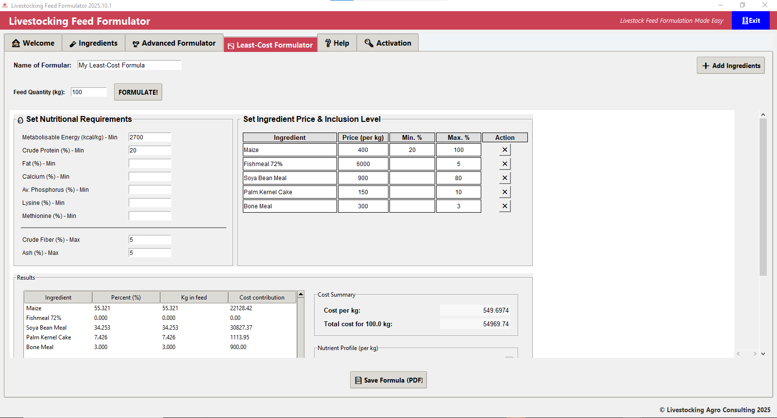 Livestocking Feed Fomulator Least-Cost Formulator